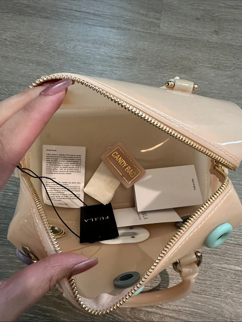 Furla Peach Glossy Vinyl Top-Handle Satchel with Pastel Ring Accents